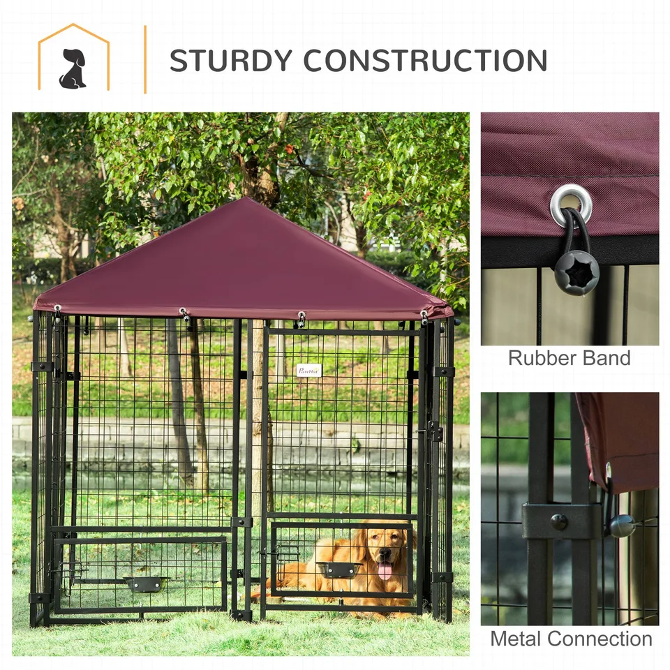 Outdoor Dog Kennel with Rotating Bowl Holders, Pet Playpen with Waterproof Cover, 4.6 x 4.6 x 5, Red view 3