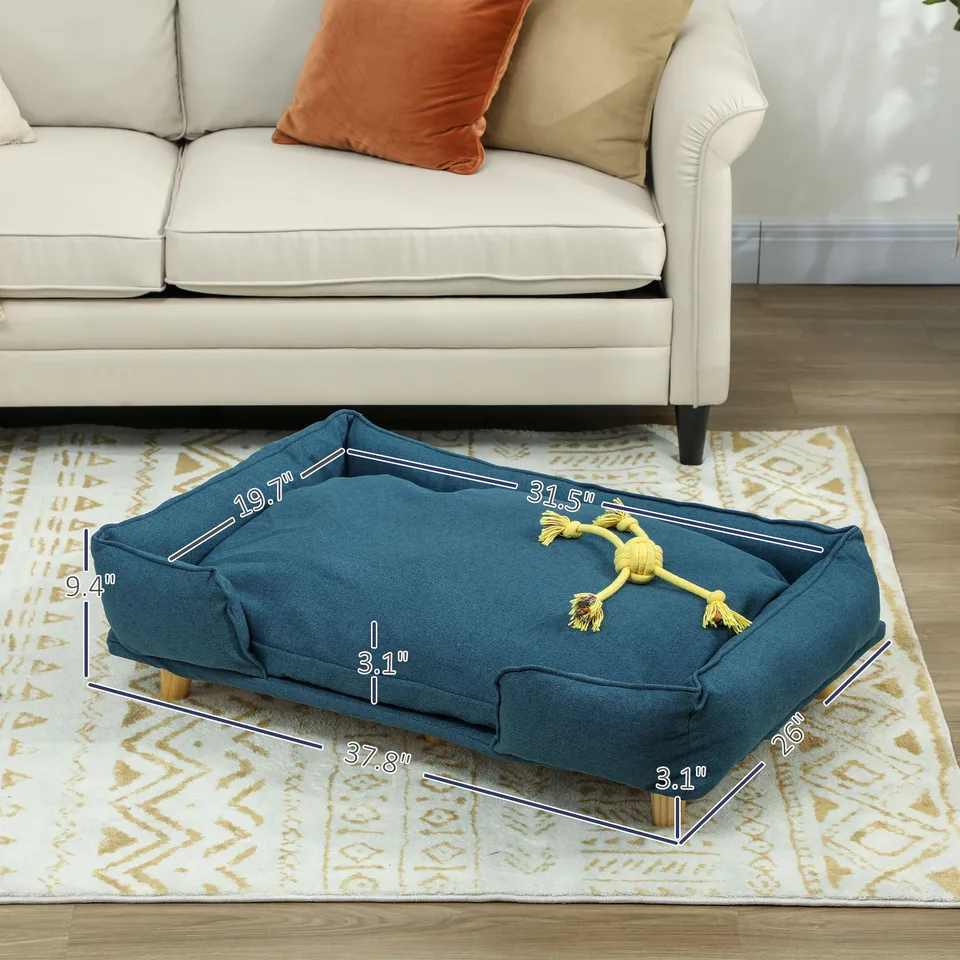Raised Dog Couch with Comfortable Cushion, Pine Wood Legs, Foot Pads for Large-Sized Dogs Indoor Use, Dark Blue view 4