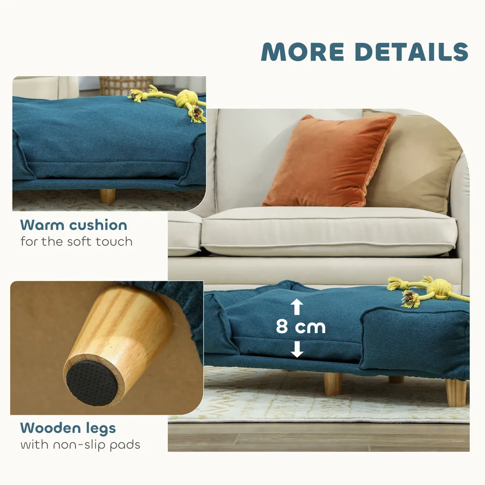 Raised Dog Couch with Comfortable Cushion, Pine Wood Legs, Foot Pads for Large-Sized Dogs Indoor Use, Dark Blue view 3