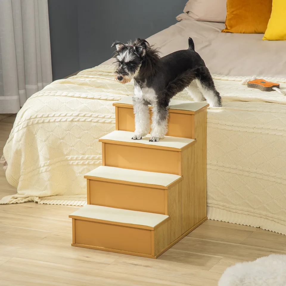 Pet Stairs, Small Pet Steps with Cushioned Removable Covering for Dogs and Cats Up To 22 lbs, Natural view 2