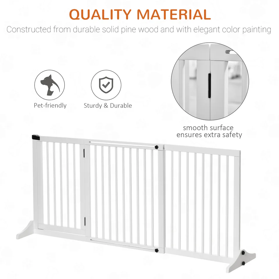 Freestanding Length Adjustable Wooden Pet Gate with Lockable Door 3 Panels, White view 2