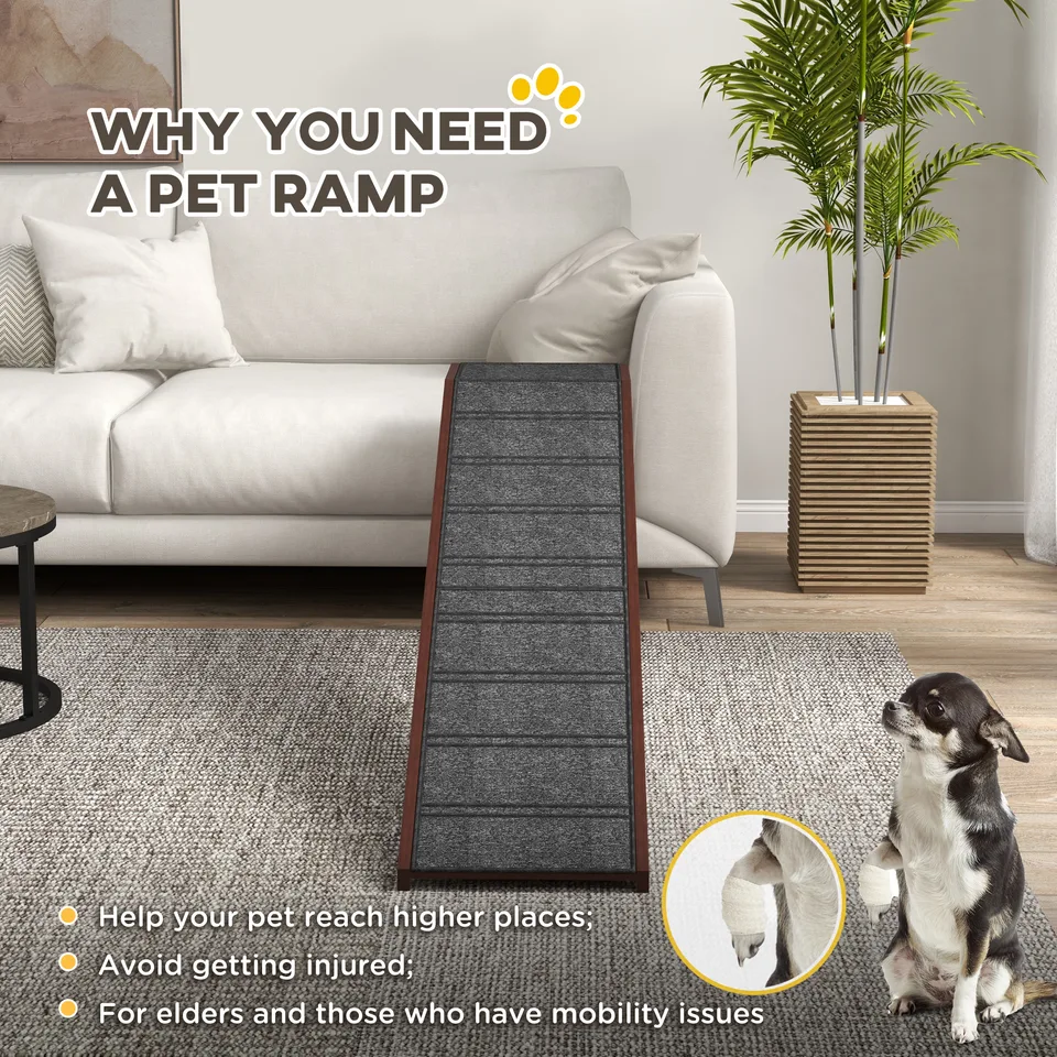 Dog Ramp for Bed, Pet Ramp for Dogs with Non-Slip Carpet and Top Platform, 74" x 16" x 25", Brown view 2
