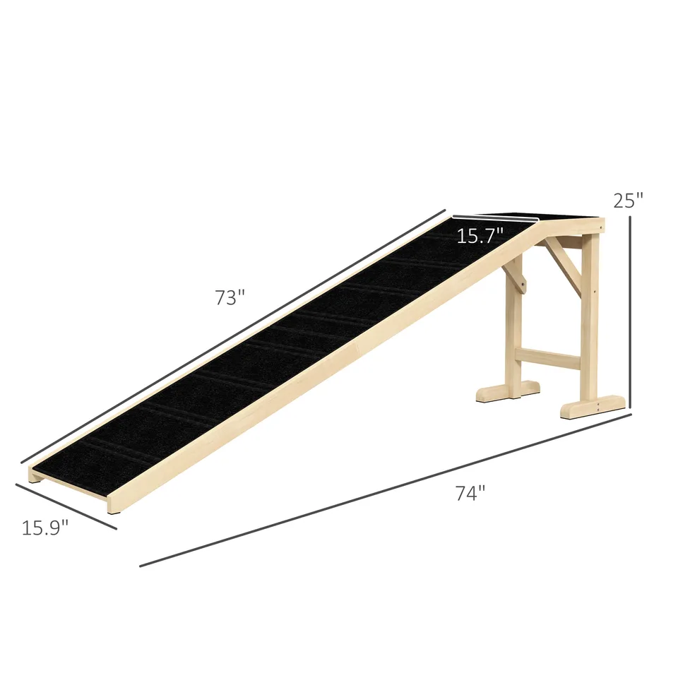 Dog Ramp for Bed, Pet Ramp for Dogs with Non-Slip Carpet and Top Platform, 74" x 16" x 25", Natural view 2