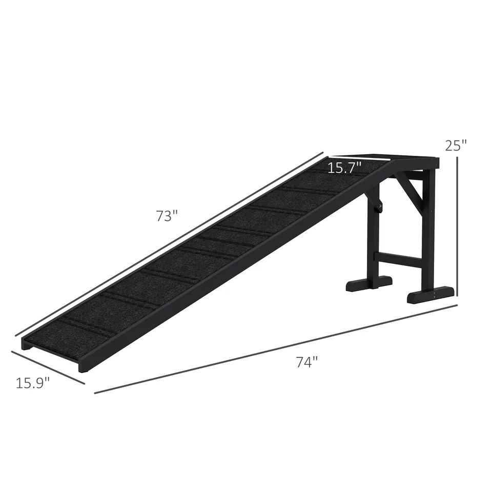 Dog Ramp w/ Non-Slip Carpet and Top Platform, 74" x 16" x 25", Black view 3