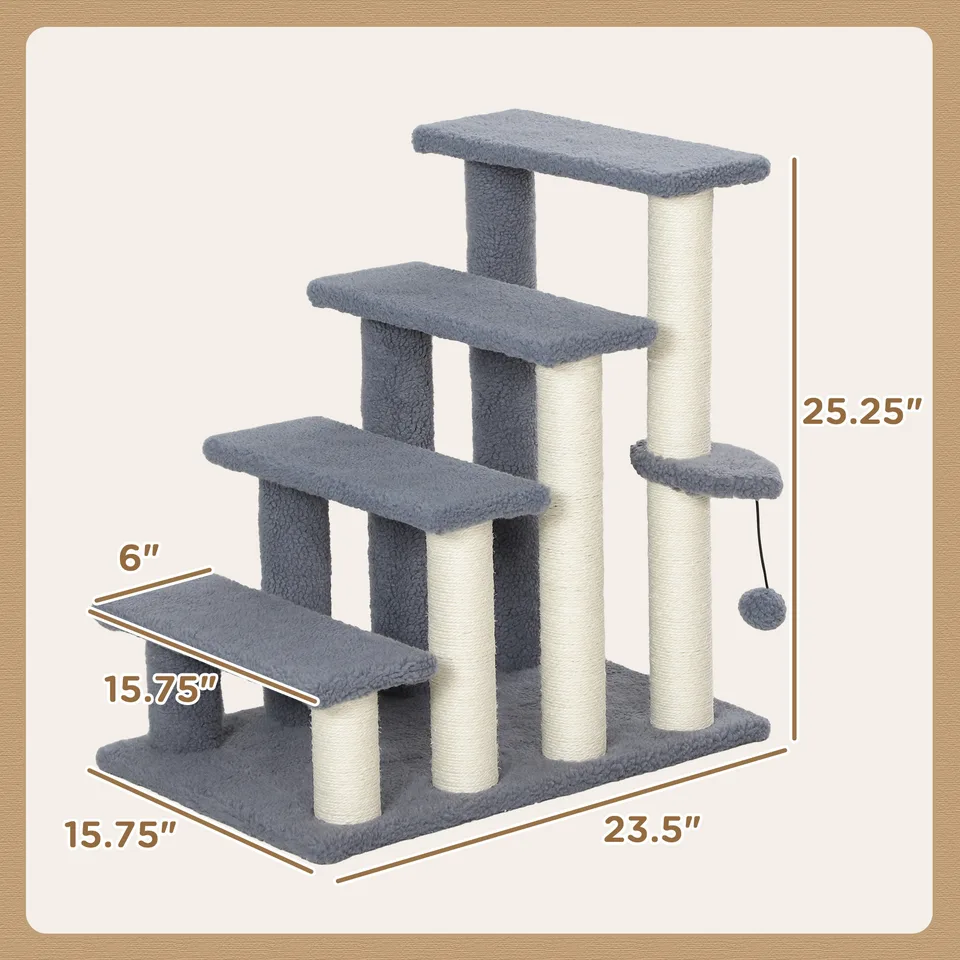 4 Levels Cat Steps with Scratching Posts for High Bed, Sofa, Gray view 4