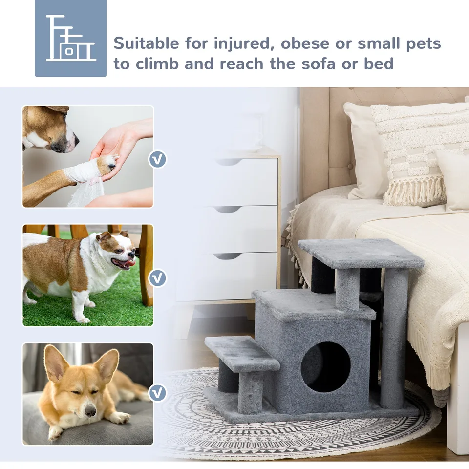 Adjustable Height 3 Step/4 Step Cat Stairs with Cat Scratching Post, Cat Condo, Toy Ball, for Bed, Sofa, Couch, Gray view 3