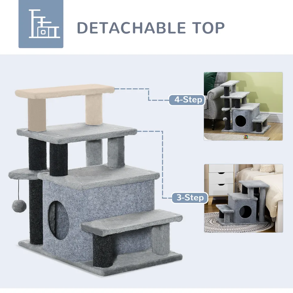 Adjustable Height 3 Step/4 Step Cat Stairs with Cat Scratching Post, Cat Condo, Toy Ball, for Bed, Sofa, Couch, Gray view 2