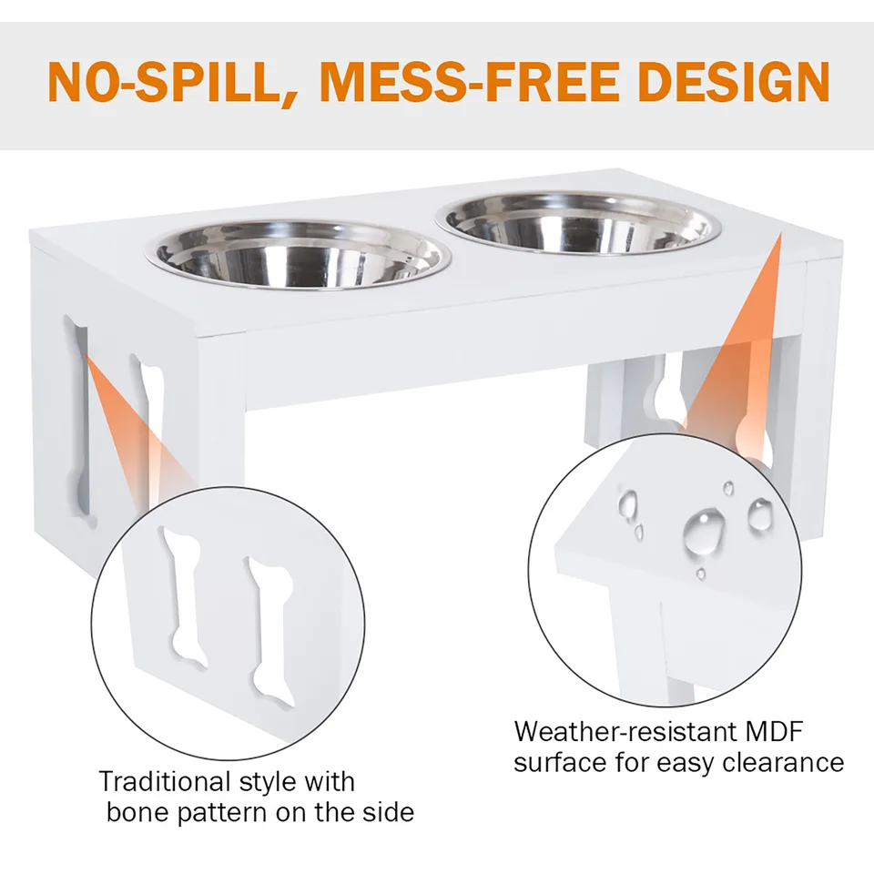 23" Modern Decorative Raised Dog Bowls, Wooden Heavy Duty Pet Food and Water Bowl, Elevated Feeding Station, White view 2