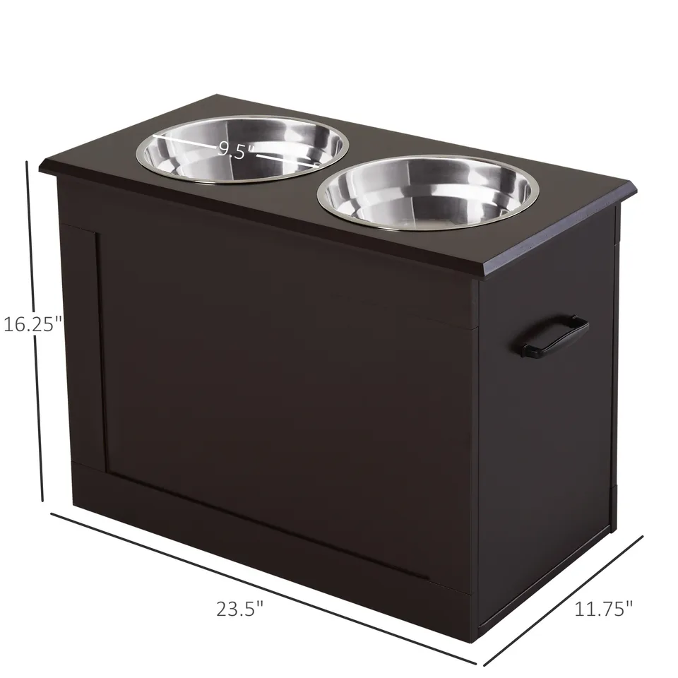 Raised Pet Feeding Storage Station with 2 Stainless Steel Bowls Base for Large Dogs and Other Large Pets, Coffee view 3