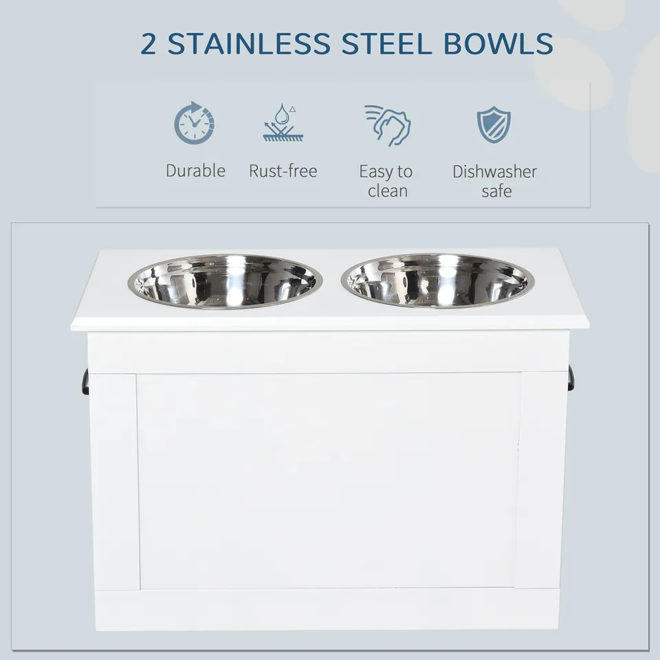 Raised Pet Feeding Storage Station with 2 Stainless Steel Bowls Base for Large Dogs and Other Large Pets, White view 3