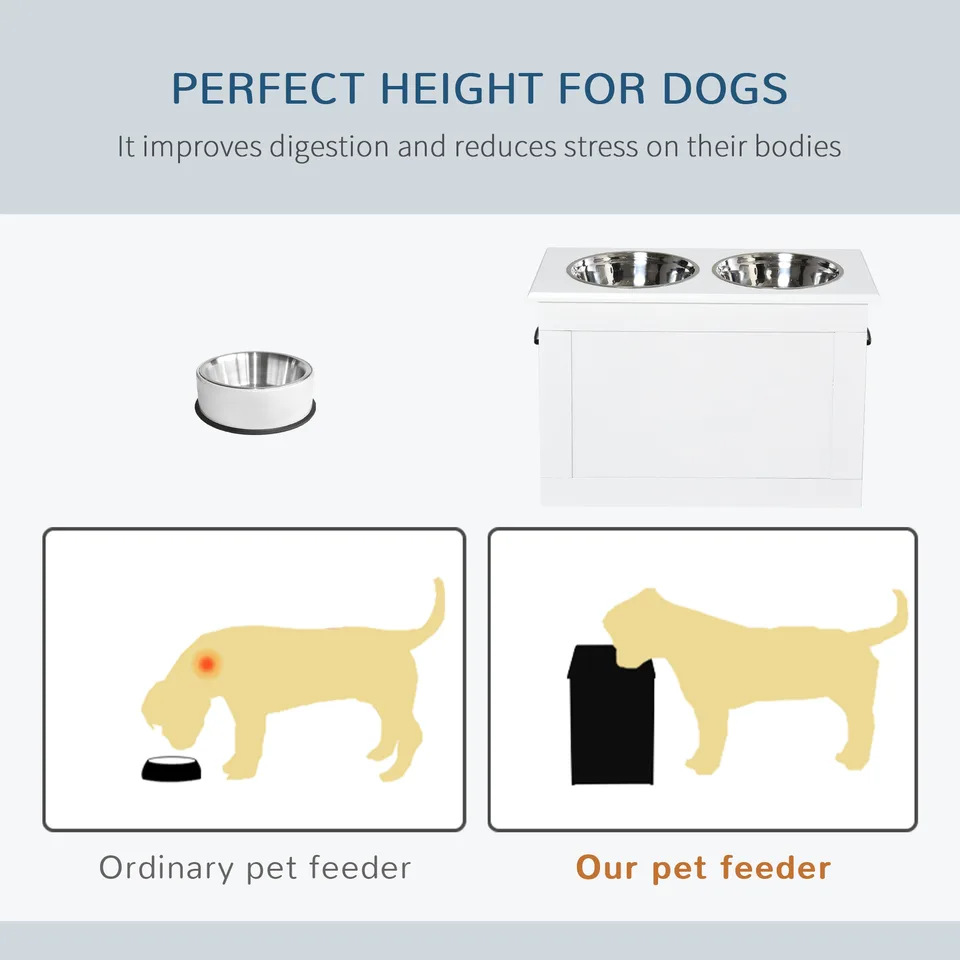 Raised Pet Feeding Storage Station with 2 Stainless Steel Bowls Base for Large Dogs and Other Large Pets, White view 2