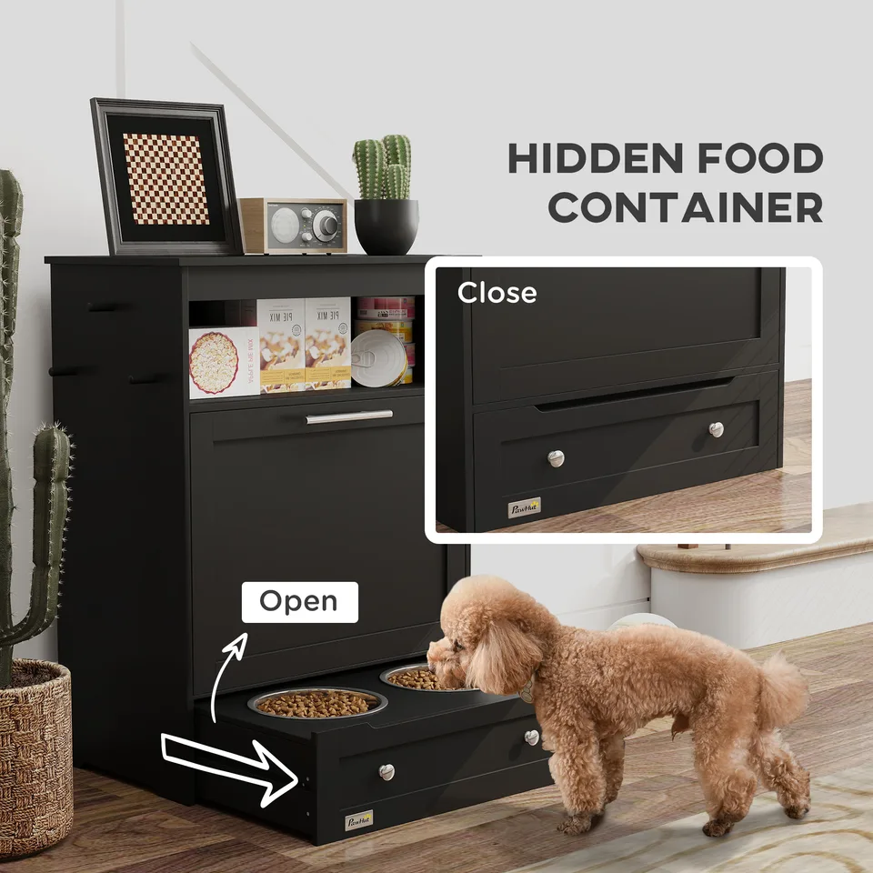 Pet Feeder Station Storage Cabinet, Dog Food Storage Container with Dog Raised Bowls, Watering Supplies, Black view 4