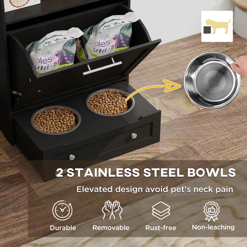Pet Feeder Station Storage Cabinet, Dog Food Storage Container with Dog Raised Bowls, Watering Supplies, Black view 3
