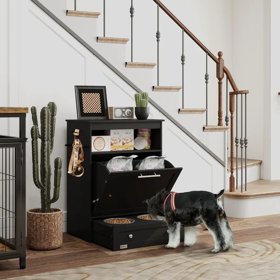 Pet Feeder Station Storage Cabinet, Dog Food Storage Container with Dog Raised Bowls, Watering Supplies, Black