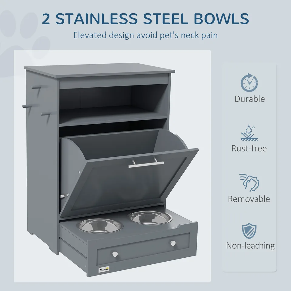 Pet Feeder Station Storage Cabinet, Dog Food Storage Container with Dog Raised Bowls, Watering Supplies, Gray