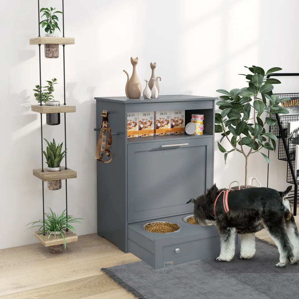 Pet Feeder Station Storage Cabinet, Dog Food Storage Container with Dog Raised Bowls, Watering Supplies, Gray