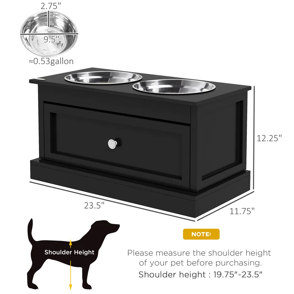 Elevated Dog Bowls with Storage Drawer, Raised Dog Bowl Stand Pet Food Bowl Dog Feeding Station, Black view 2