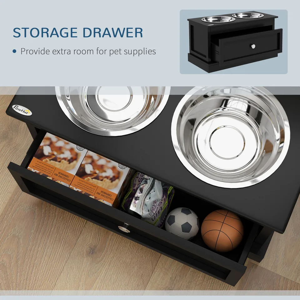 Elevated Dog Bowls with Storage Drawer, Raised Dog Bowl Stand Pet Food Bowl Dog Feeding Station, Black view 3