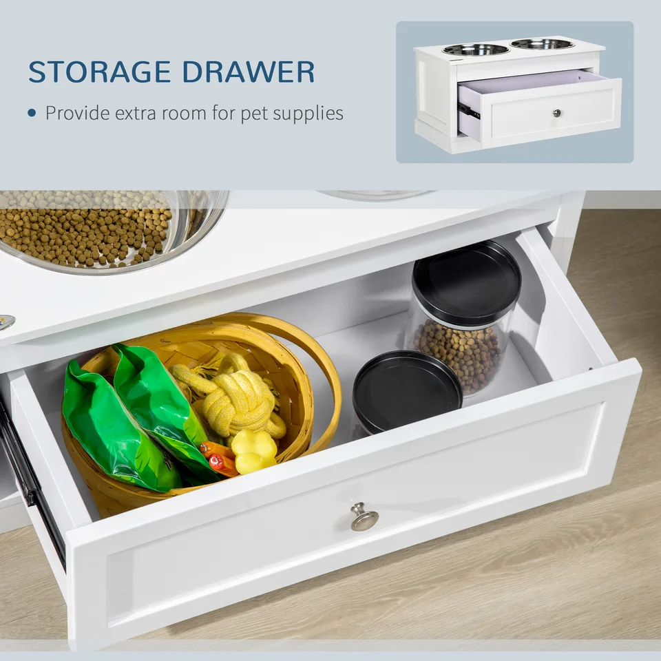 Large Elevated Dog Bowls with Storage Drawer Containing 11L Capacity, Raised Dog Bowl Stand Pet Food Bowl Dog Feeding Station, White view 2