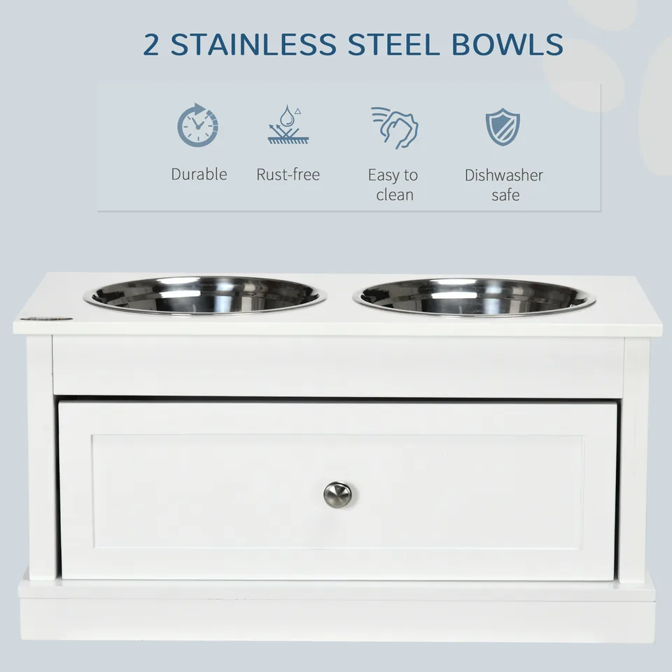 Large Elevated Dog Bowls with Storage Drawer Containing 11L Capacity, Raised Dog Bowl Stand Pet Food Bowl Dog Feeding Station, White view 3