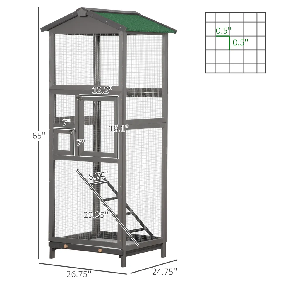 65" Wooden Bird Cage Outdoor Aviary House for Parrot, Parakeet, with Pull Out Tray and 2 Doors, Grey view 2