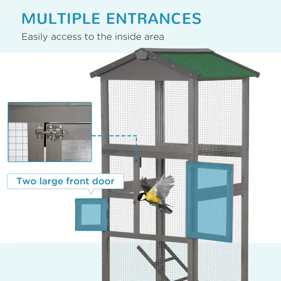 65" Wooden Bird Cage Outdoor Aviary House for Parrot, Parakeet, with Pull Out Tray and 2 Doors, Grey view 3