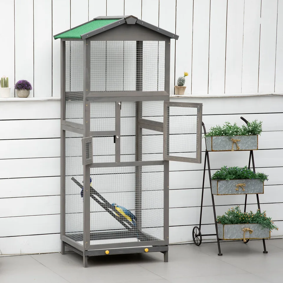 65" Wooden Bird Cage Outdoor Aviary House for Parrot, Parakeet, with Pull Out Tray and 2 Doors, Grey view 4