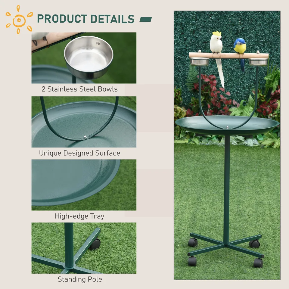 48" Rolling T-Stand, Parrot Stand, Bird Training Activity Playground With Wheels and Perch, Bird Play Perch, Green view 2