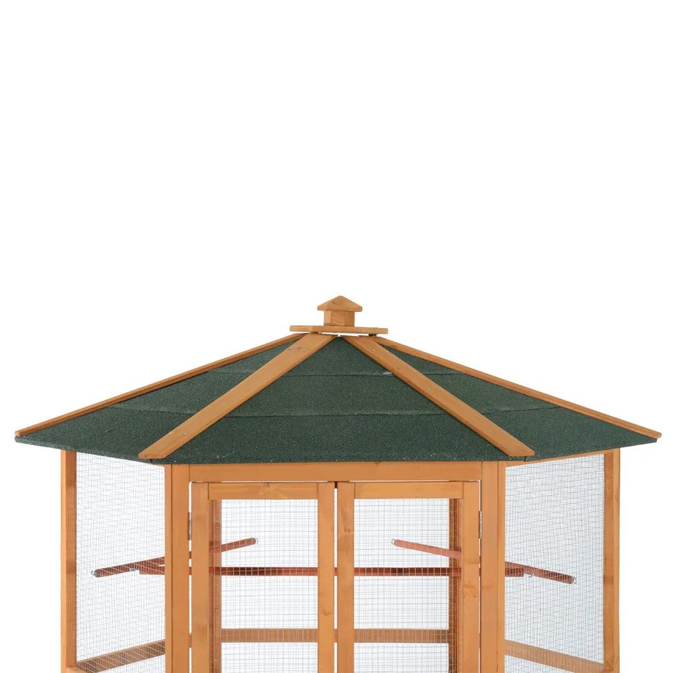 69" Wooden Hexagonal Outdoor Aviary Flight Bird Cage With Covered Roof, Brown view 3