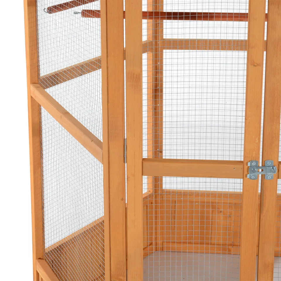 69" Wooden Hexagonal Outdoor Aviary Flight Bird Cage With Covered Roof, Brown view 4