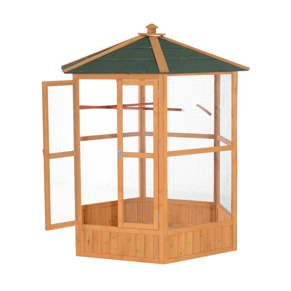 69" Wooden Hexagonal Outdoor Aviary Flight Bird Cage With Covered Roof, Brown view 2