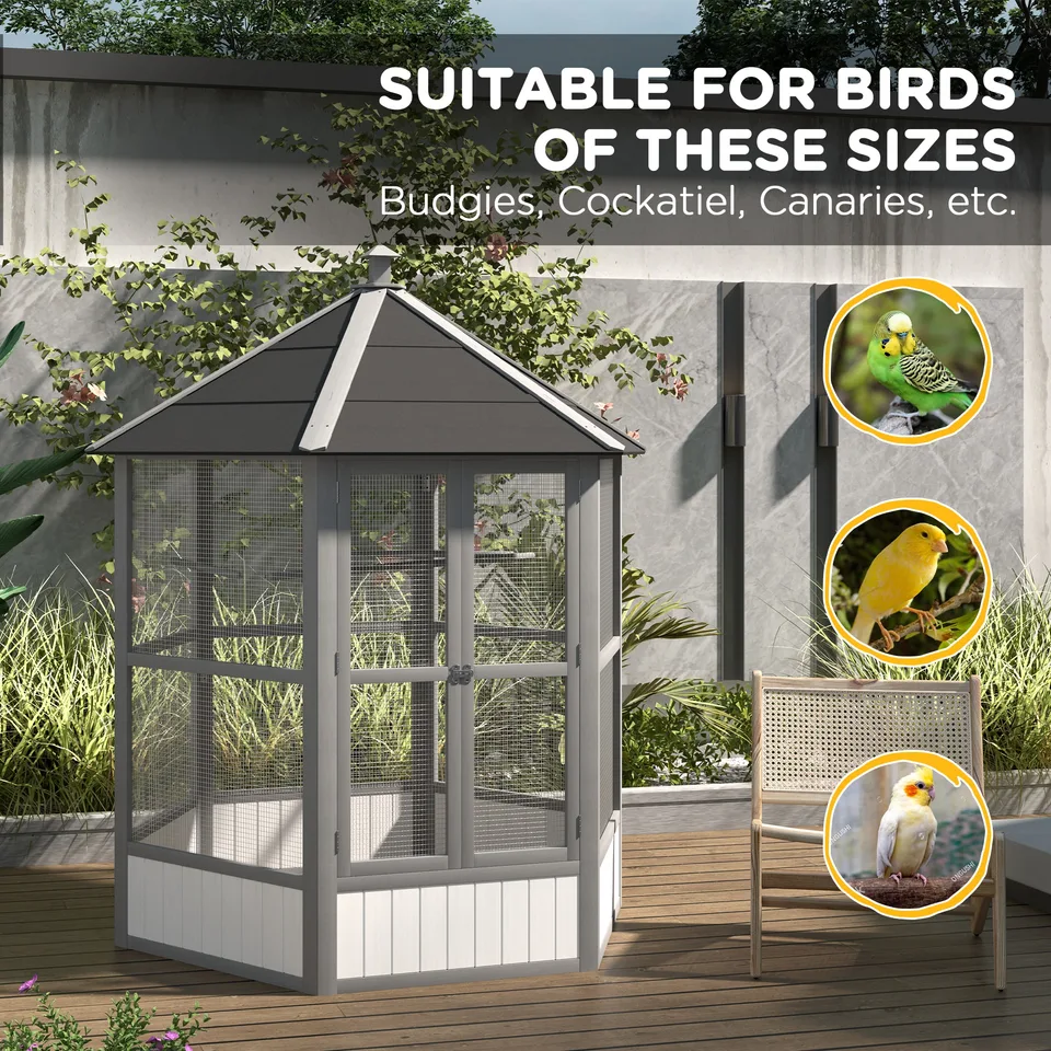 69" Wooden Hexagonal Outdoor Aviary Flight Bird Cage With Covered Roof, Light Gray view 3