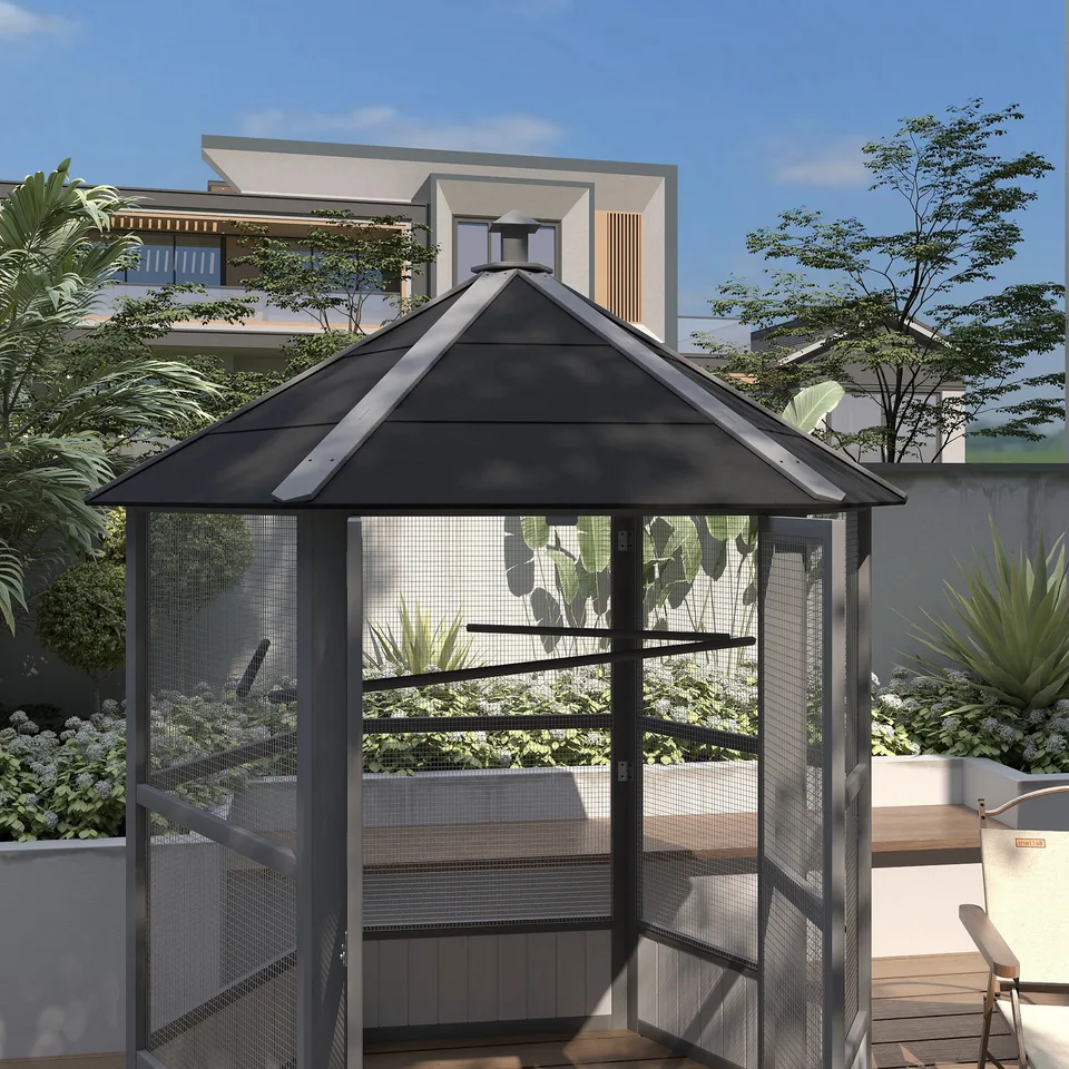 69" Wooden Hexagonal Outdoor Aviary Flight Bird Cage With Covered Roof, Light Gray view 2