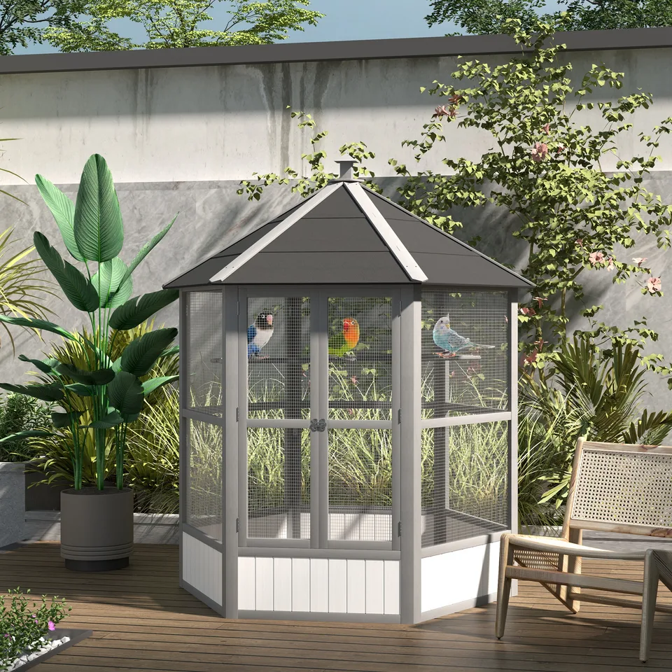 69" Wooden Hexagonal Outdoor Aviary Flight Bird Cage With Covered Roof, Light Gray