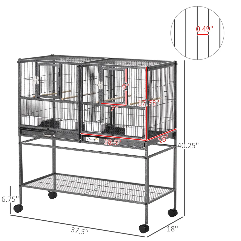 Divided Breeder Bird Cage with Rolling Stand Removable Metal Tray, Storage Shelf, Wood Perch, and Food Container view 4