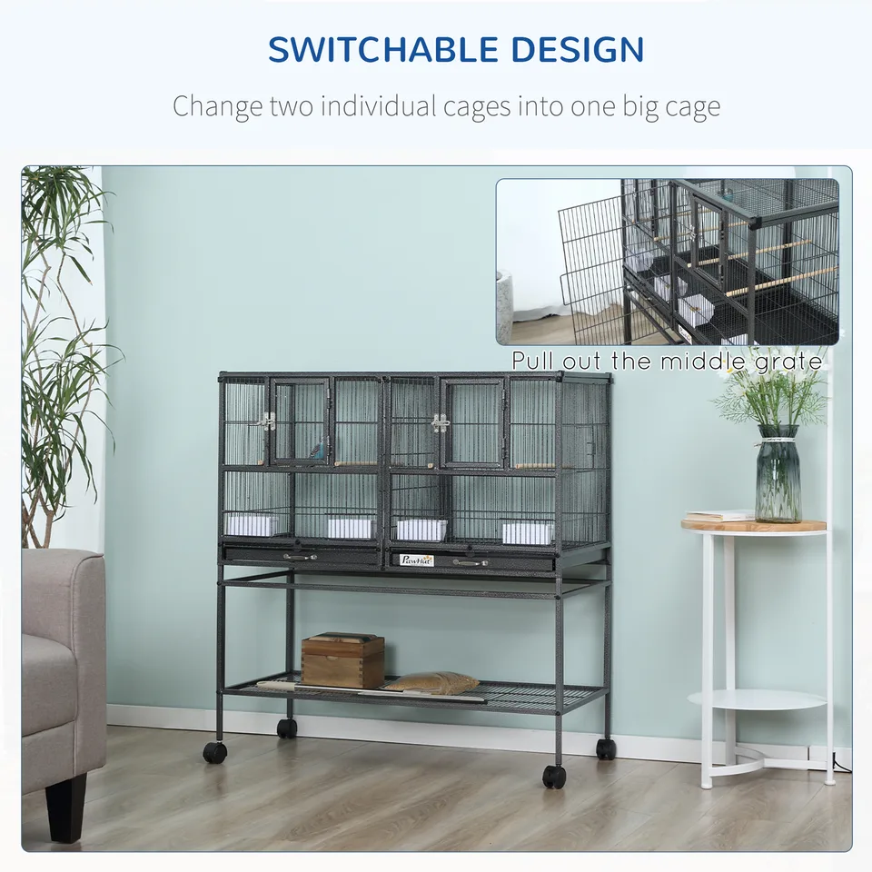 Divided Breeder Bird Cage with Rolling Stand Removable Metal Tray, Storage Shelf, Wood Perch, and Food Container view 3