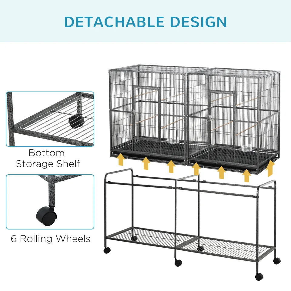 Rolling 65"L Bird Cage w/ Storage Shelf Wood Perch Food Container view 2