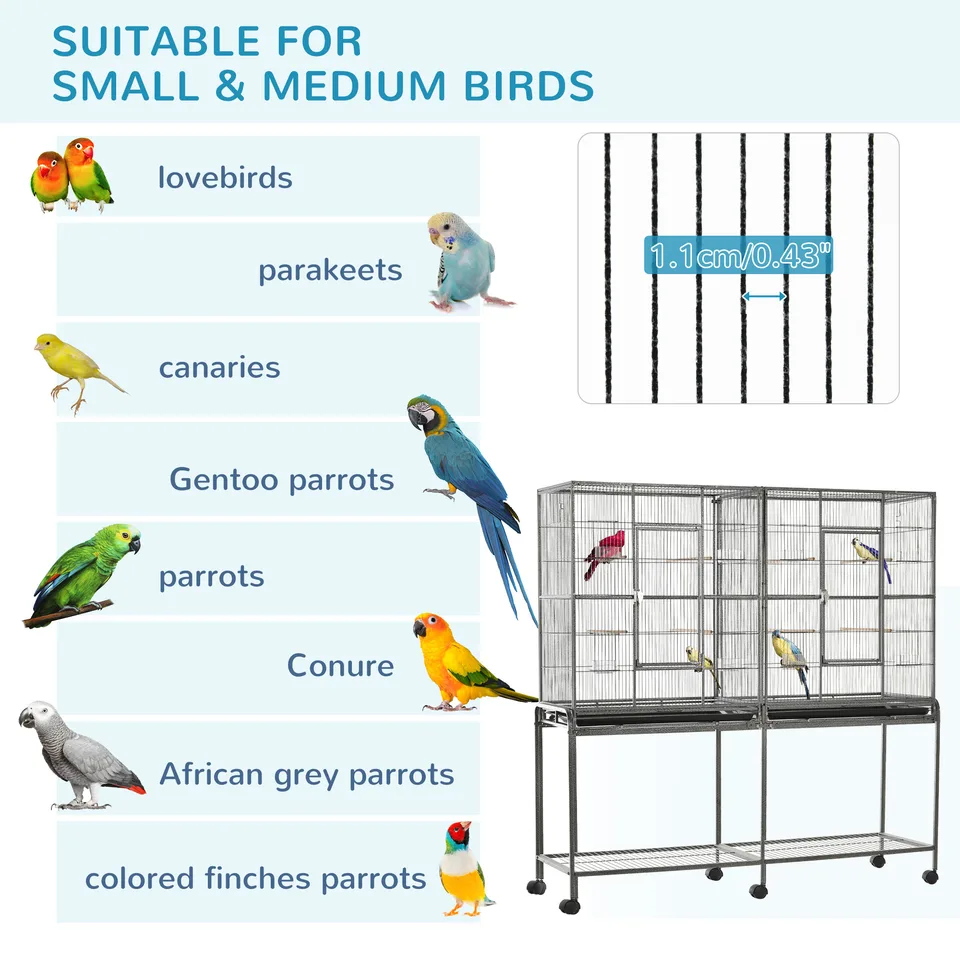Rolling 65"L Bird Cage w/ Storage Shelf Wood Perch Food Container view 3