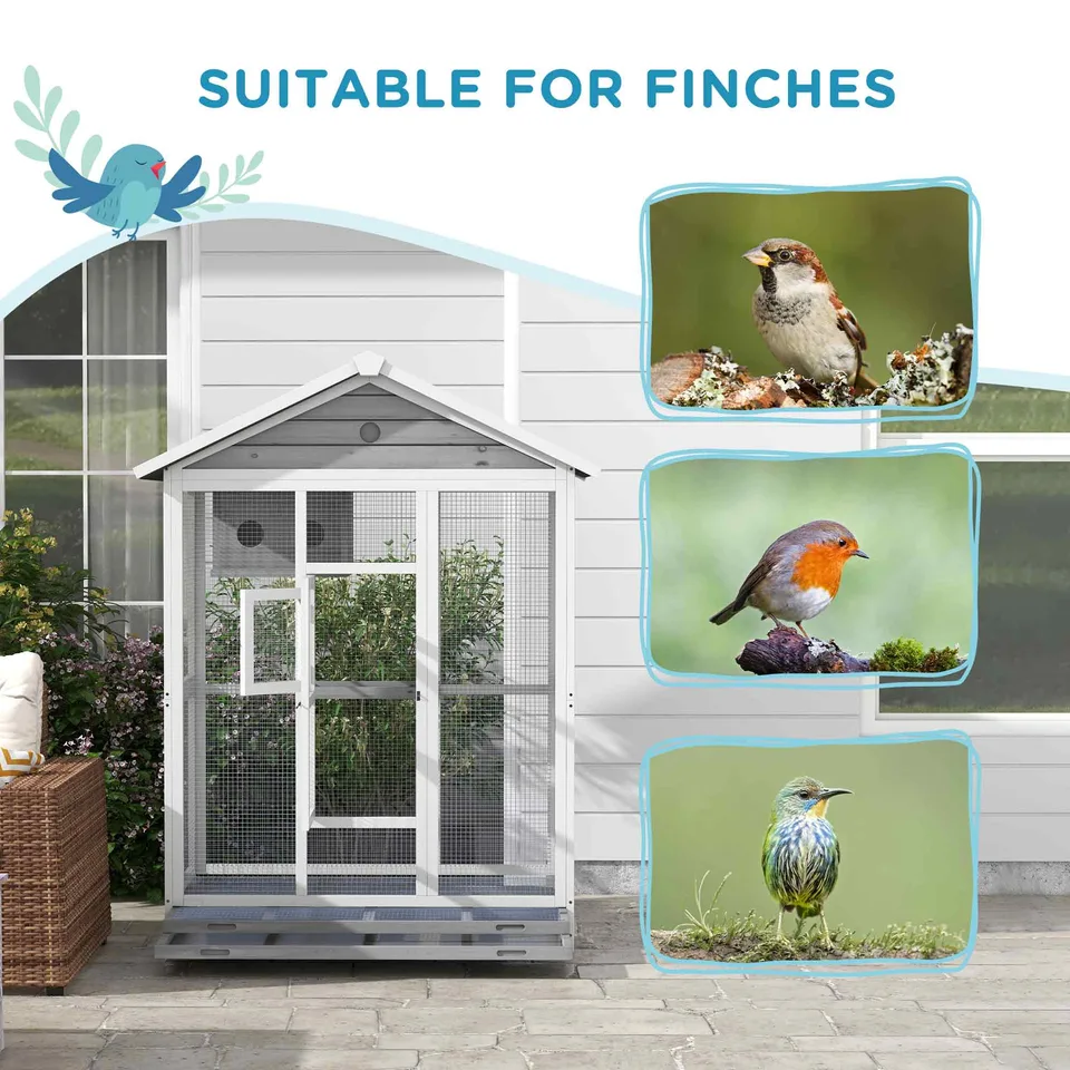 64.5" Wooden Bird Cage Aviary, Flight Cage with 4 Perches, Nest and Slide-Out Tray for Indoor/Outdoor, Gray view 2