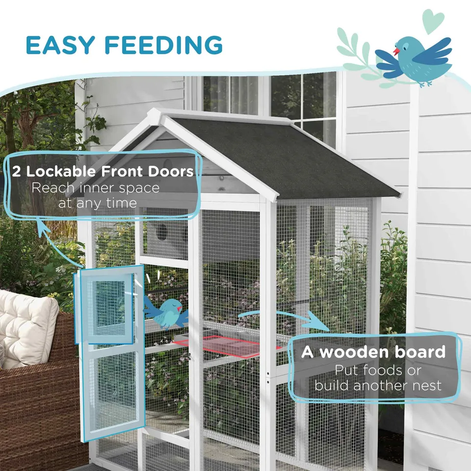 64.5" Wooden Bird Cage Aviary, Flight Cage with 4 Perches, Nest and Slide-Out Tray for Indoor/Outdoor, Gray view 3