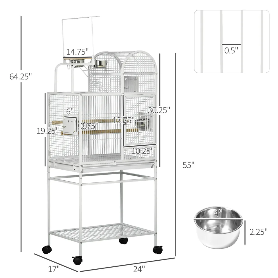 55" Large Parrot Cage with Toy Hooks Above Top Bird Perch, Tray, Food Cups, Rolling Stand, Bird Cage for Cockatiels, Parakeets, Lovebirds view 3