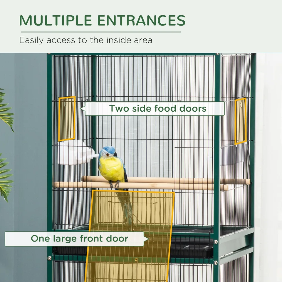 Large Bird Cage with 1.7 ft. Width for Wingspan, Bird Aviary Indoor with Multi-Door Design, Fit for a Canary, Finch, Conure, 55", Green view 3