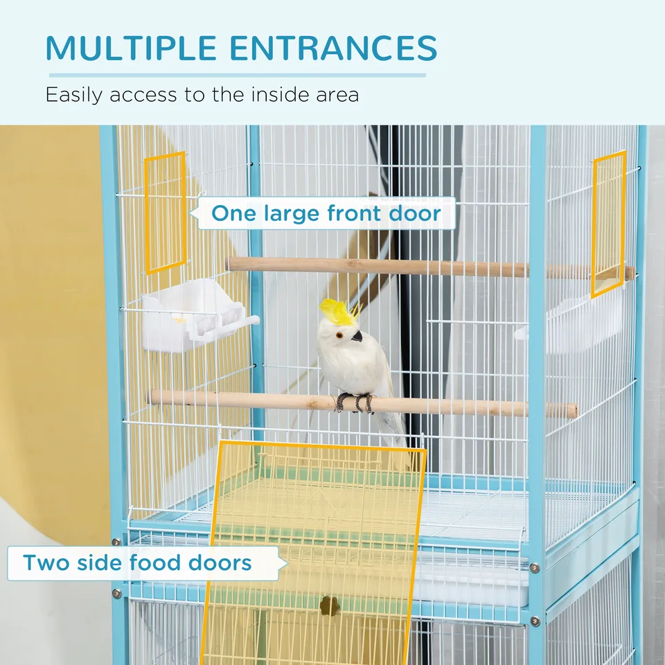55" 2 In 1 Bird Cage Aviary Parakeet House for finches, budgies with Wheels, Light Blue view 2