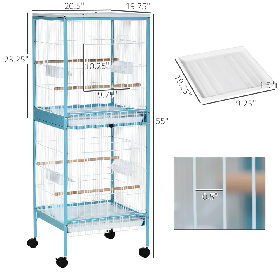 55" 2 In 1 Bird Cage Aviary Parakeet House for finches, budgies with Wheels, Light Blue view 4