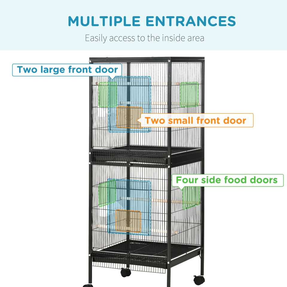 55" 2 In 1 Bird Cage Aviary Parakeet House for finches, budgies with Wheels, Black view 3
