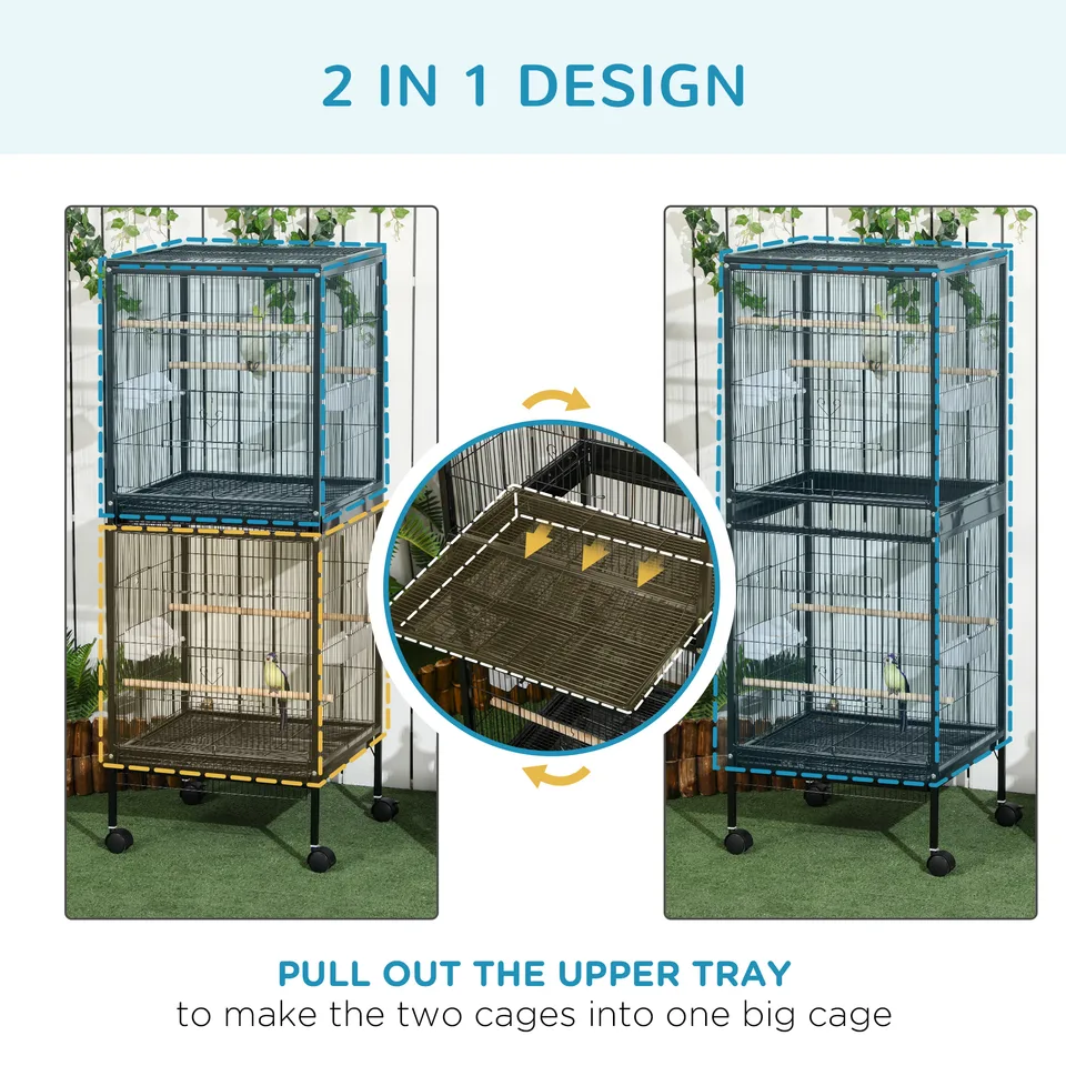 55" 2 In 1 Bird Cage Aviary Parakeet House for finches, budgies with Wheels, Black view 4
