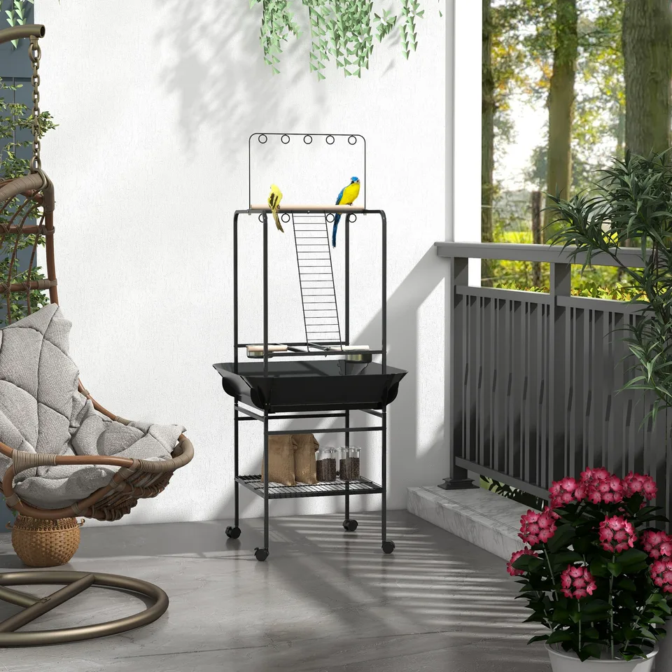 Bird Stand with Wheels, Perches, Stainless Steel Feed Bowls, Pull-Out Tray for Indoor Outdoor Small Parrot, Dark Gray