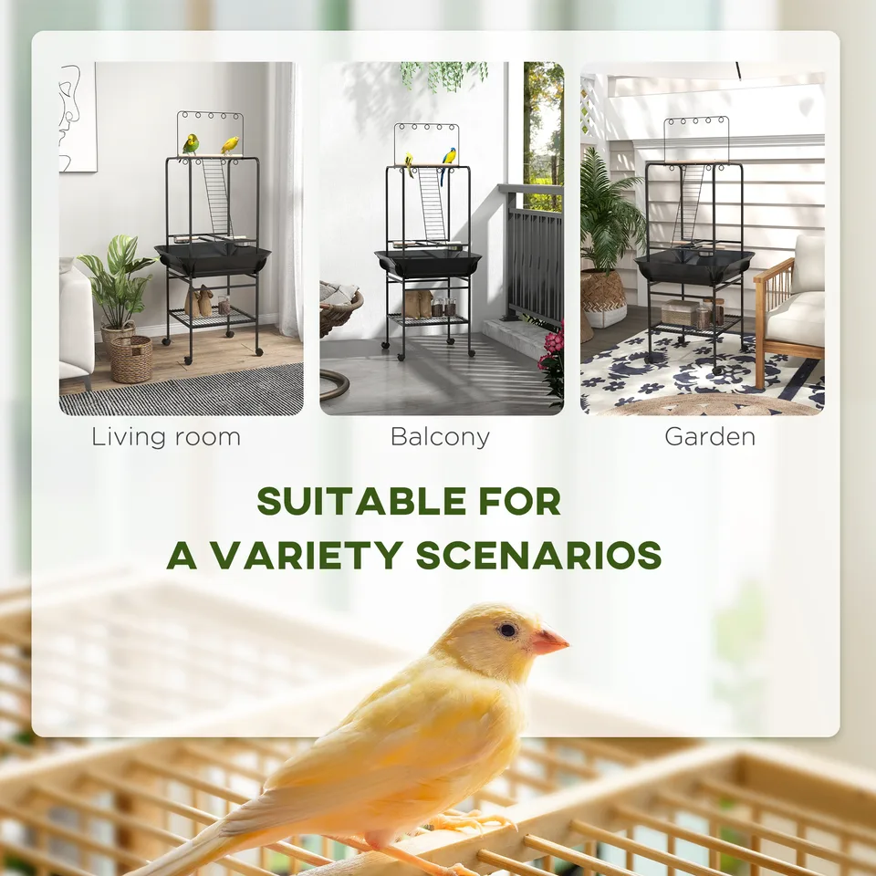 Bird Stand with Wheels, Perches, Stainless Steel Feed Bowls, Pull-Out Tray for Indoor Outdoor Small Parrot, Dark Gray view 2