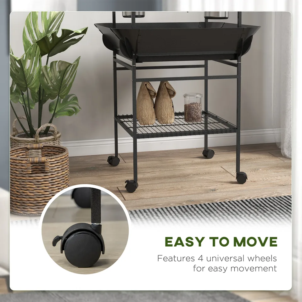 Bird Stand with Wheels, Perches, Stainless Steel Feed Bowls, Pull-Out Tray for Indoor Outdoor Small Parrot, Dark Gray view 3