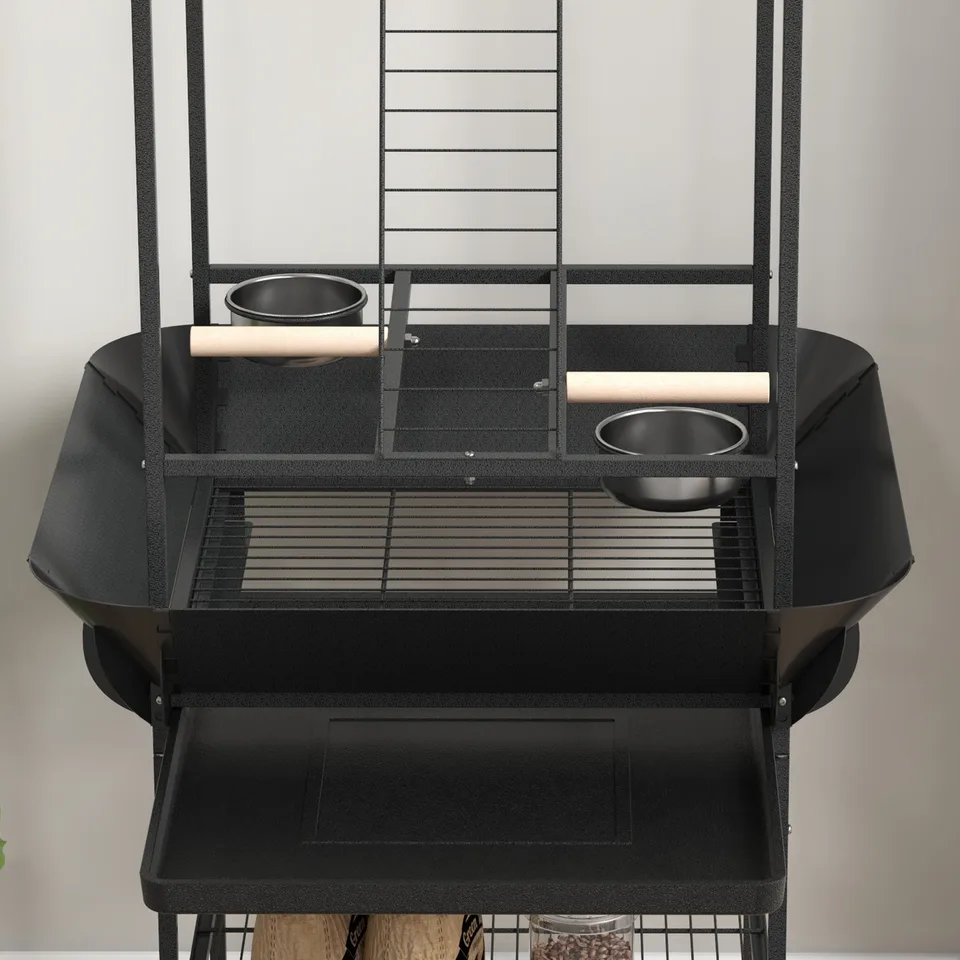 Bird Stand with Wheels, Perches, Stainless Steel Feed Bowls, Pull-Out Tray for Indoor Outdoor Small Parrot, Dark Gray view 4
